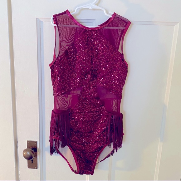 Maroon Dance Leotard with Fringe, Sequins